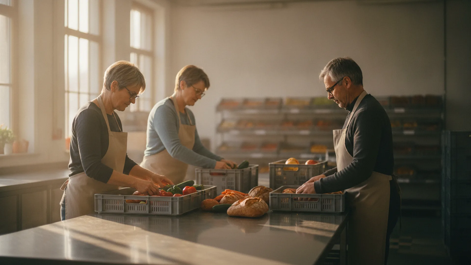 Ehrenamtliche der Moerser Tafel sortieren gerettete Lebensmittel in Kisten (KI-erzeugte Illustration)