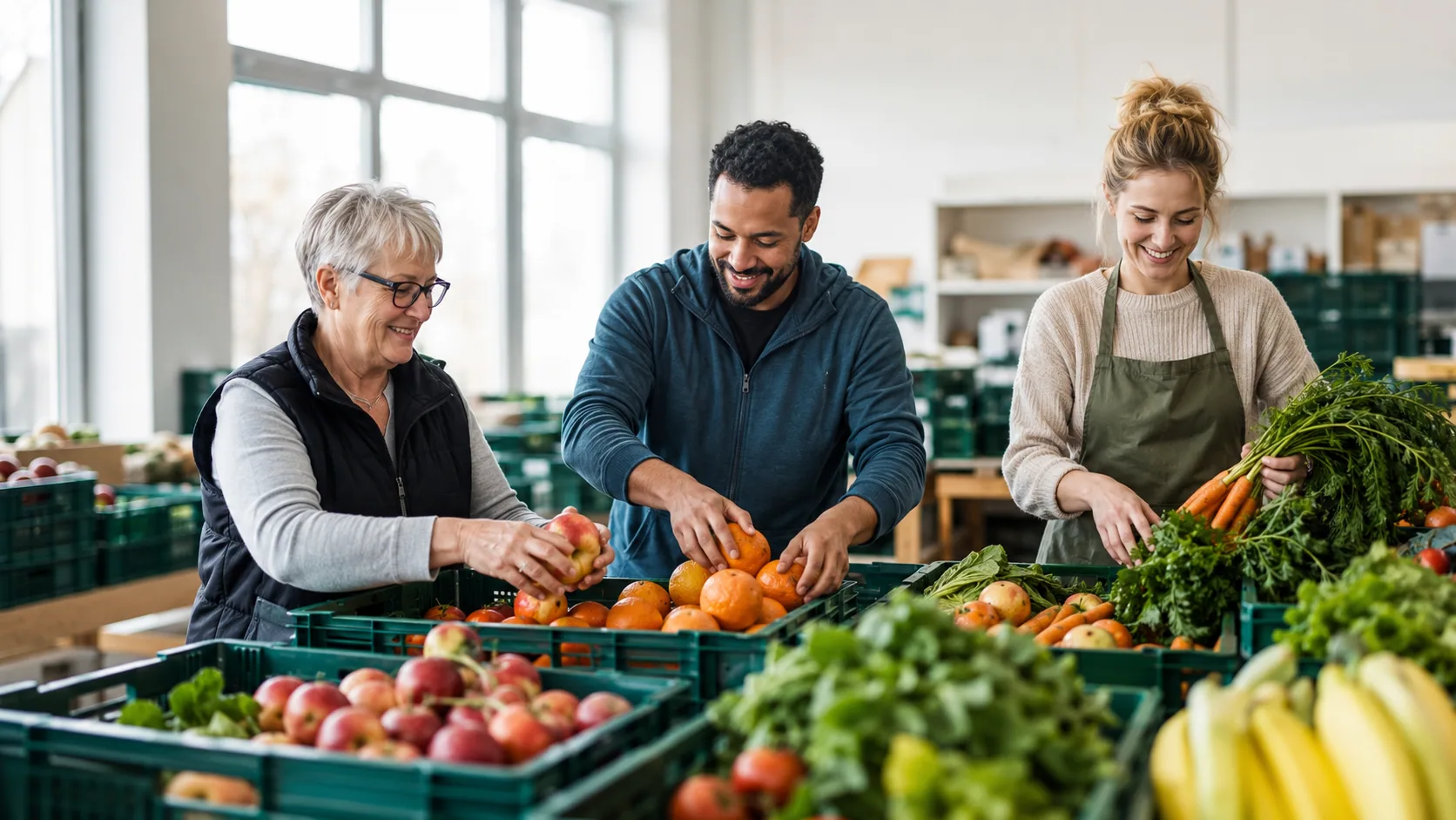 Ehrenamtliche sortieren gemeinsam frisches Obst und Gemüse für die Lebensmittelausgabe