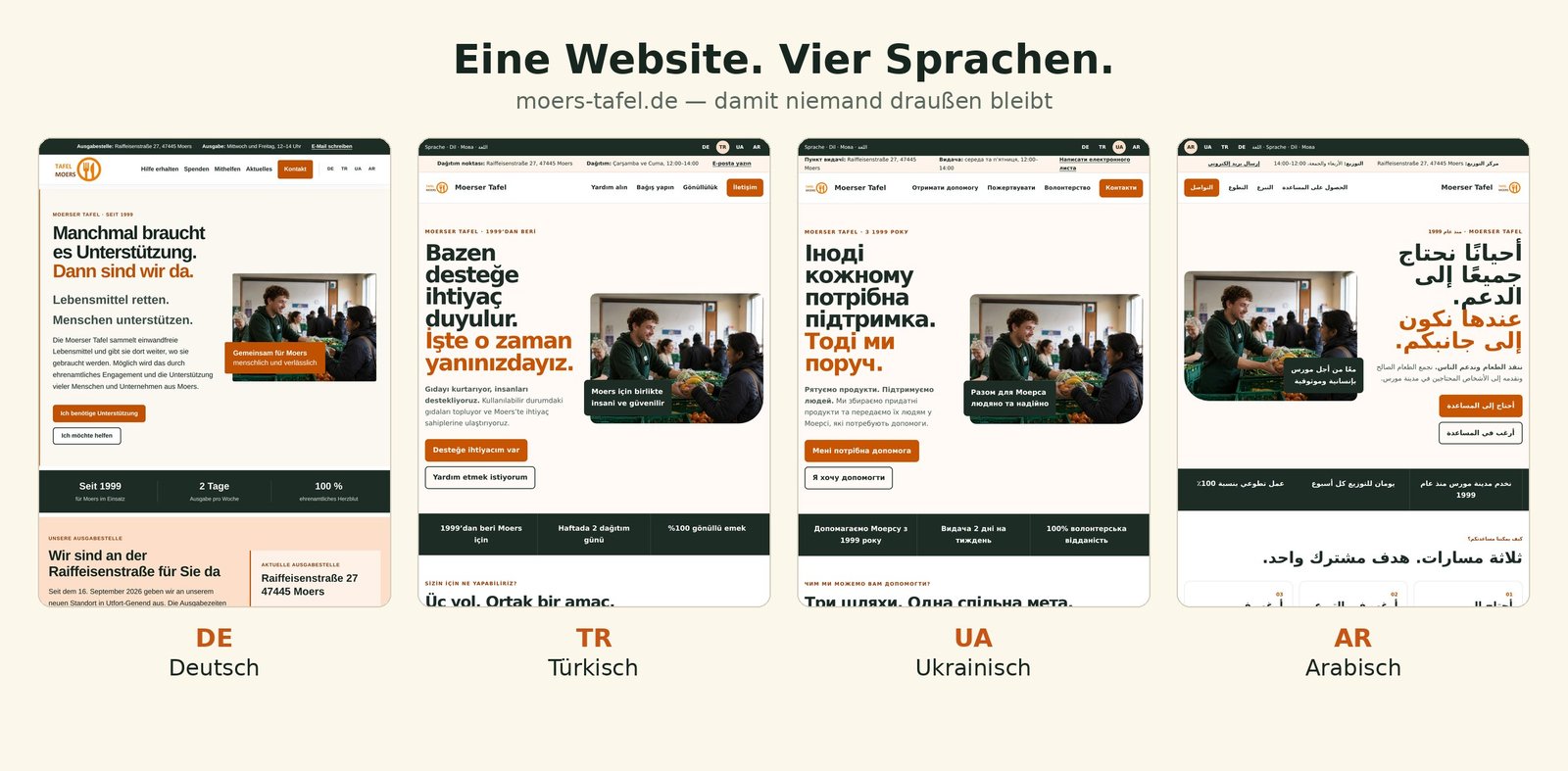 Die Startseite von moers-tafel.de nebeneinander auf Deutsch, Türkisch, Ukrainisch und Arabisch